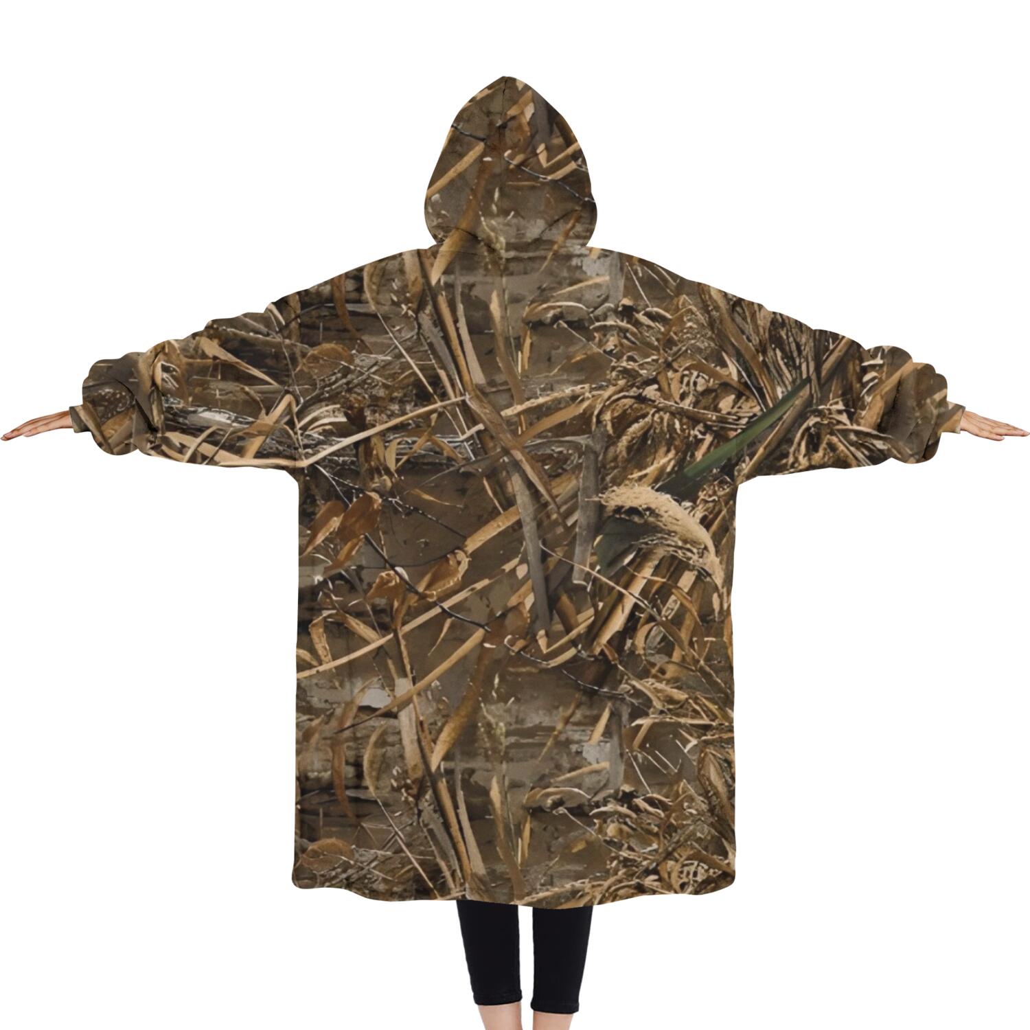 Oversized Wearable Blanket Hoodie,Grassland Camo Brown Plants Pattern Sherpa Blanket Hoodie with Super Pockets,Super Warm Fuzzy Pullover for Women & Men