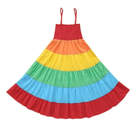 

MyBeauty Rainbow Color Stripe Kids Girls Princess Sleeveless Summer Casual Sling Dress Multicolor 90cm
