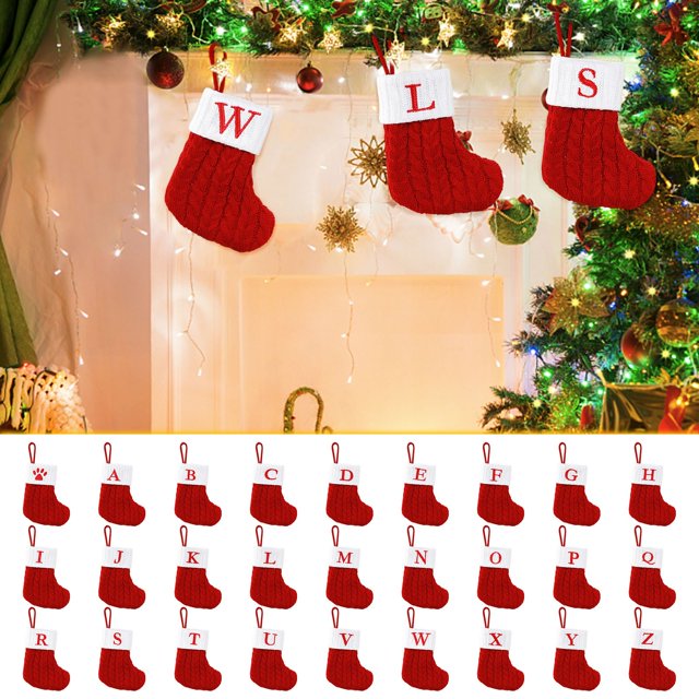 Decoraciones para medias navideñas - Calcetines de lana tejidos con colgantes de letras para el árbol, 18x15cm, 26 estilos