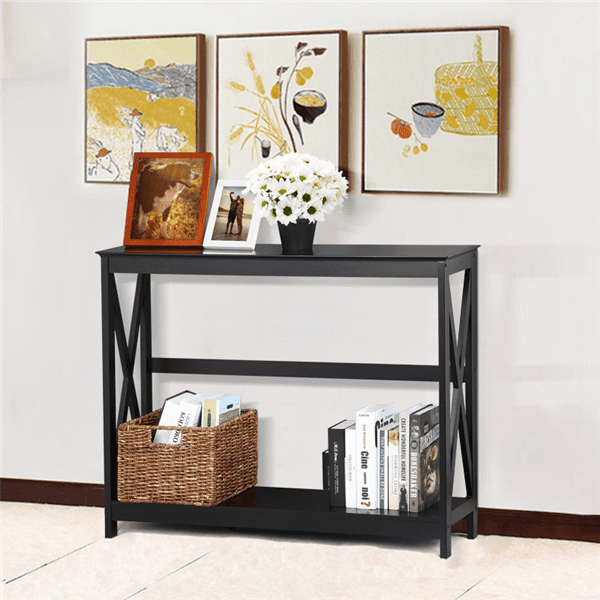 Brown Top//Black Metal Frame 2-Tier Entryway Console Sofa Table with X-Design Sides