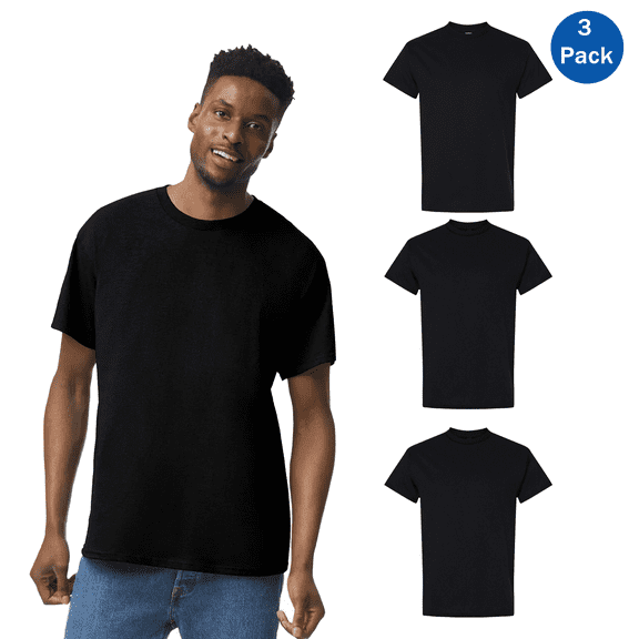 Gildan Short Sleeves T-Shirt for Men, Black Pure Heavy Cotton Casual Tee, 3 Pack, S