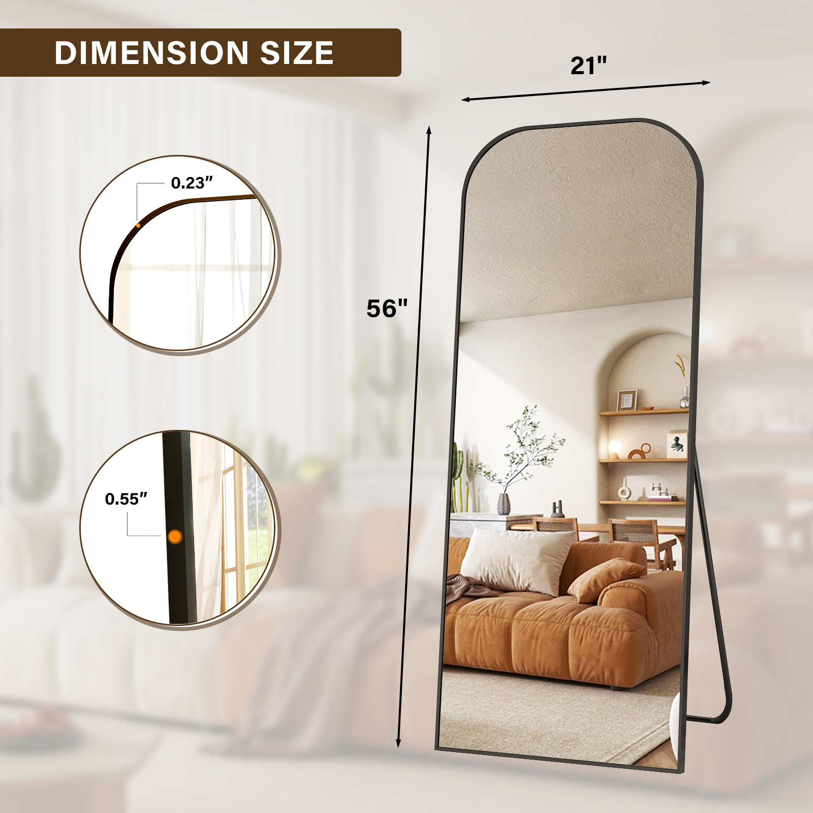 Easy4Home 56"x21" Arched Full Length Mirror Metal Frame Freestanding Mirror Wall-Mounted, Black