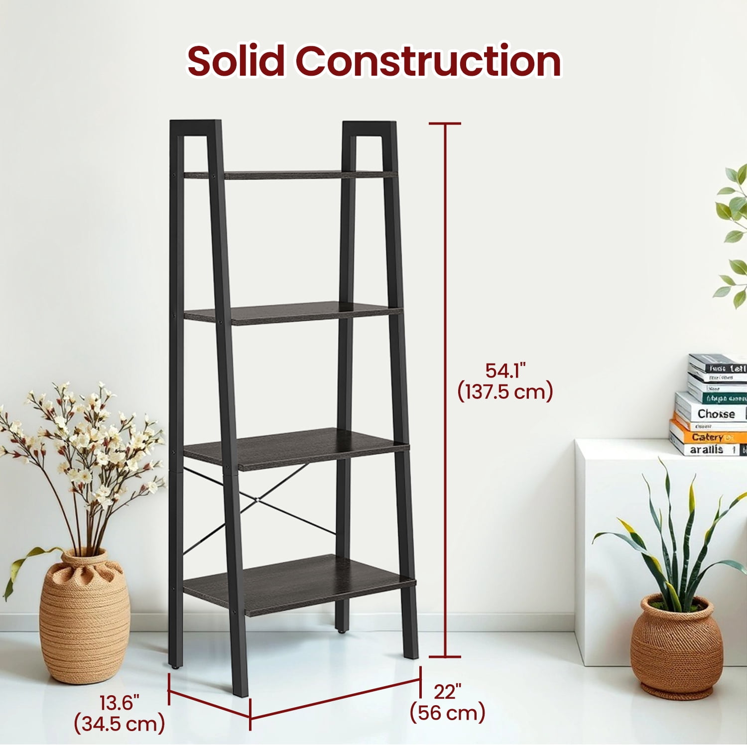 LEDREM 4-Tier Ladder Shelf Heavy Duty Storage Shelf with Steel Frame, Storage Rack Bookshelf for Home, Office, Charcoal Gray and Ink Black