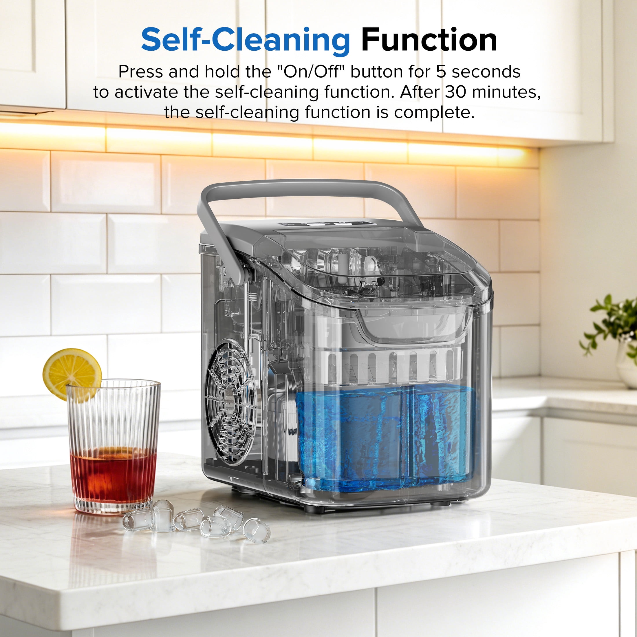Auseo Countertop Ice Maker, 2 Sizes of Bullet Ice, 26Lbs/24H, 8 Ice Cubes in 6 Mins, Portable Ice Machine with Self-Cleaning for Home/Party/Travel/Camping (Grey)