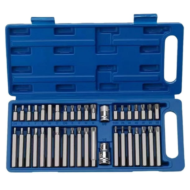 Juego de 40 puntas hexagonales con caja de almacenamiento, punta de vaso hexagonal estrella Torx estriada Azul