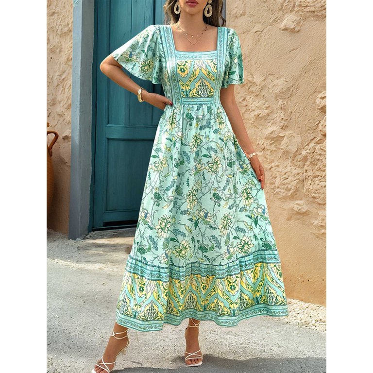 light green boho dress Green Floral Maxi Dress: Boho Cotton Summer Dress