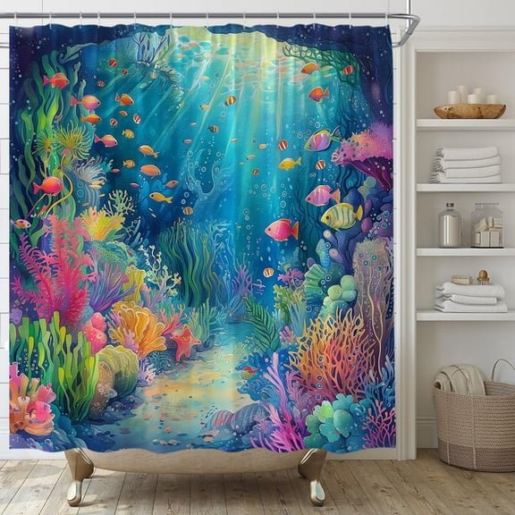 Blue Ocean Shower Curtain for Bathroom,Fish Underwater Kids Bath Curtains with Hooks World Tropical Colorful Coral Marine Life Shower Curtain for Children Sea Bathroom Decor-36"W x 72"L (Pack of 1)
