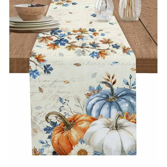 Fall Blue Pumpkins Burlap-Cotton Table Runner 108 Inches Long,Orange Grey Botanical Thanksgiving Rustic Farmhouse Table Runners,Outdoor Dining Tablecloths Decor for Baby Shower Party Wedding 13x108