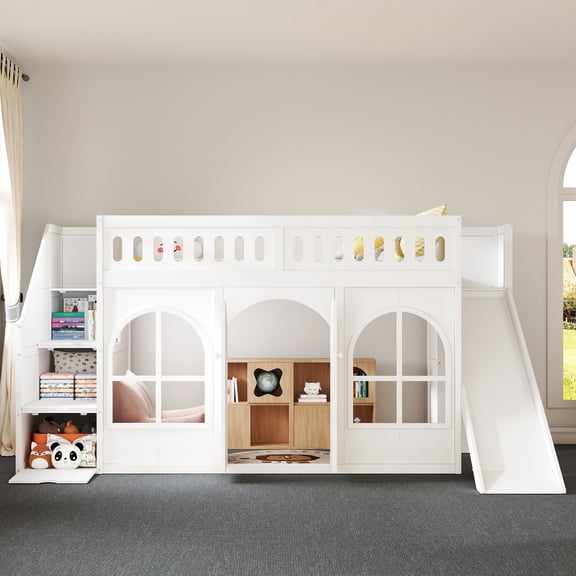 MODERNLUXE Twin Size Loft Bed with Wardrobe and Slide, Low Profile Bed with Guardrails and Storage Staircase, White