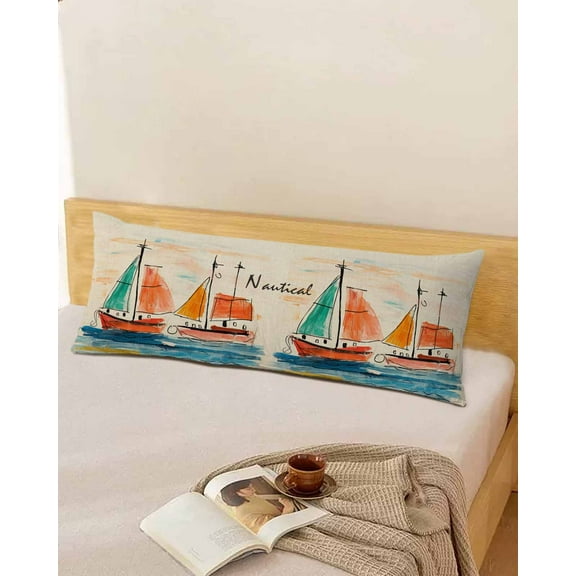 Nautical Sailing Boats Throw Pillow Cover,Hand Drawn Watercolor Graffiti Rectangle Decorative Pillow Case Protector Soft Cushion Cover Lumbar Pillowcase for Couch Sofa Bedroom Car Decor 20x54 Inch
