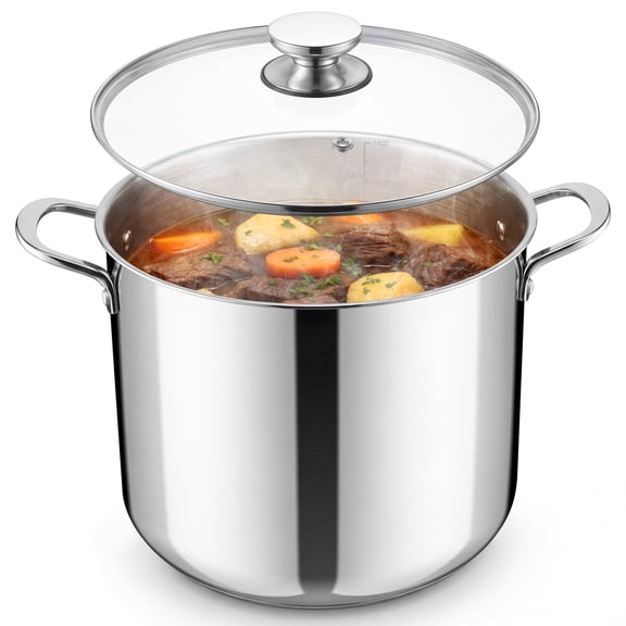 Coliware 14QT Stainless Steel Stock Pot with Glass Lid, Large Cooking Soup Pot with 3-Ply Bottom Compatible with Gas Electric Ceramic Induction, Kitchen Cookware & Dishwasher Safe