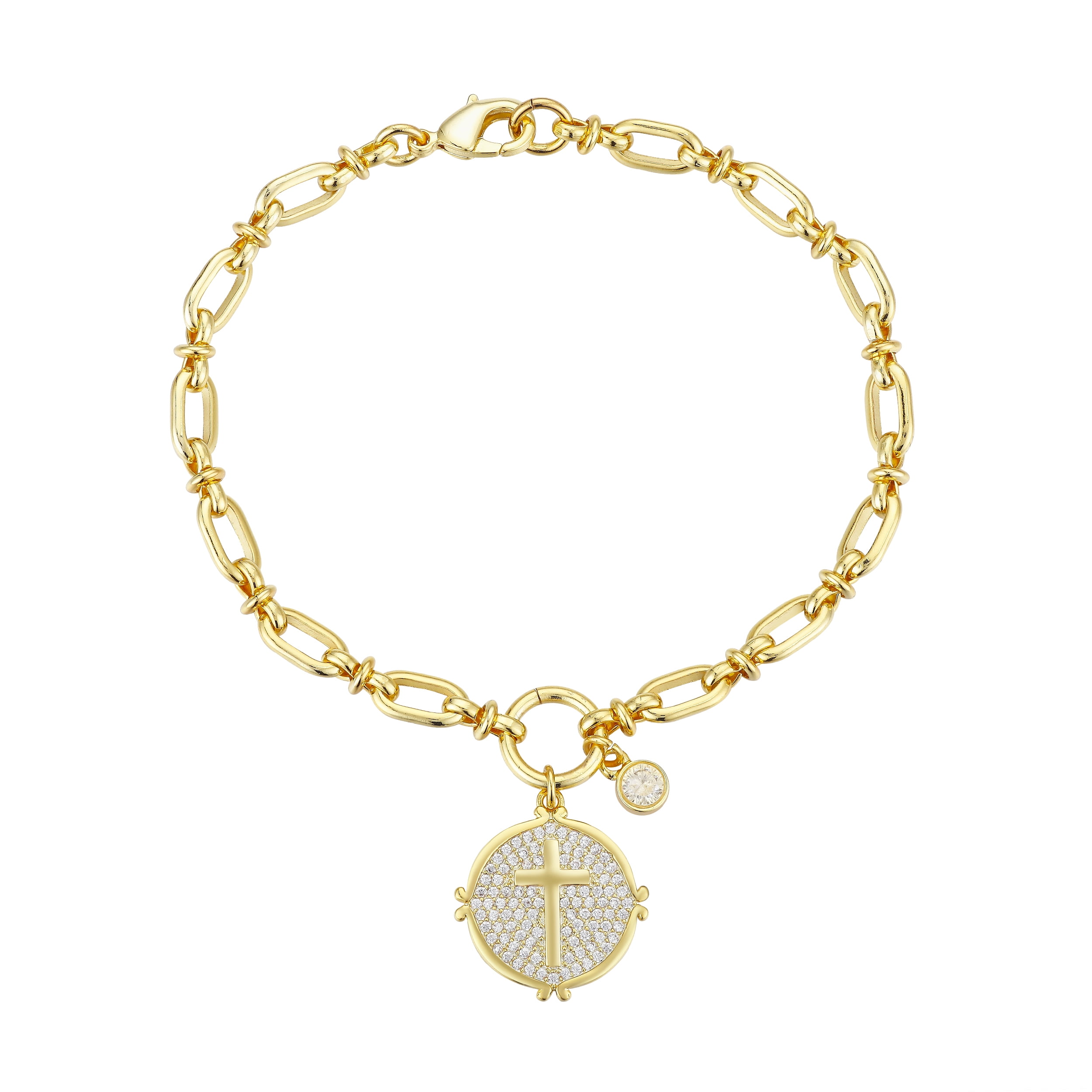 14kt Gold Flash Plated Cubic Zirconia Cross Coin Bracelet, Adjustable