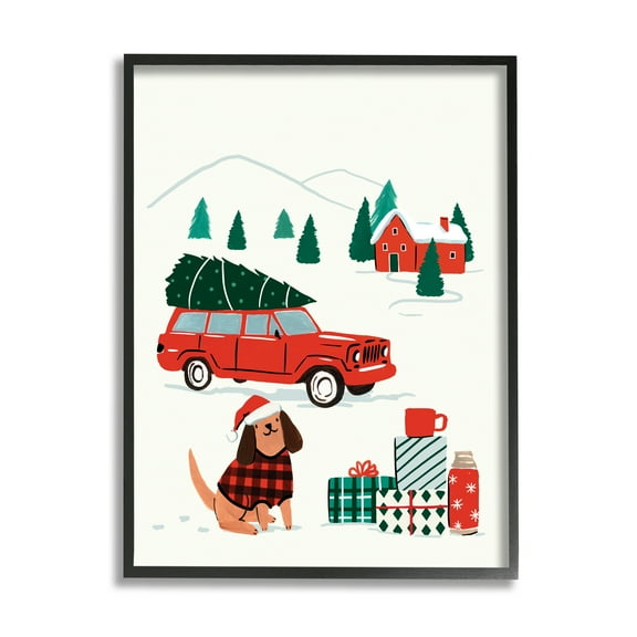 Stupell Industries Vintage Red Car Christmas Festive Santa Dog Holiday Painting Black Framed Art Print Wall Art, 11 x 14