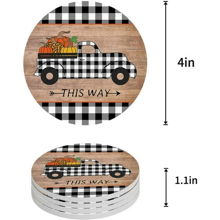 

KXMDXA Autumn Black and White Plaid Truck and Pumpkins Wood Grain Set of 4 Round Coaster for Drinks Absorbent Ceramic Stone Coasters Cup Mat with Cork Base for Coffee Table Bar Decor