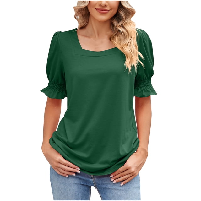 XMMSWDLA Women Blouse Plus Size Button Solid Round Neck Short Sleeve Irregular T-Shirt Tops Green Womens Tops