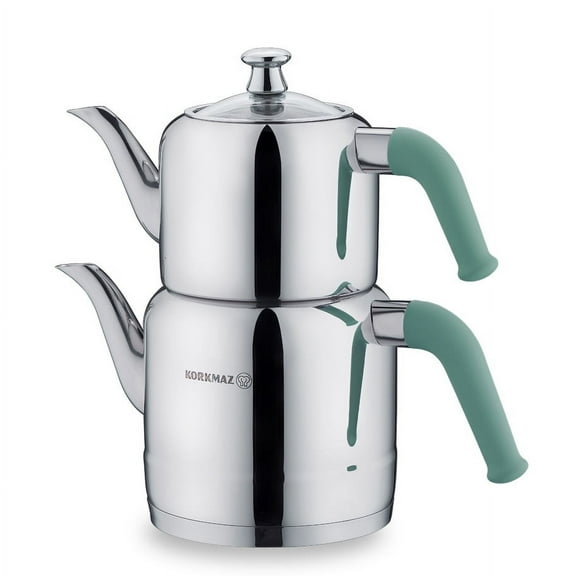 Korkmaz A189-03 Riva Turquoise Turkish Teapot Set for Stovetop, 18/10 Stainless Steel Double Tea Maker with Heat Resistant Handles, Samovar Style Tea Kettle with 37.2 Oz (1100ml) & 64.3 Oz (1900ml)