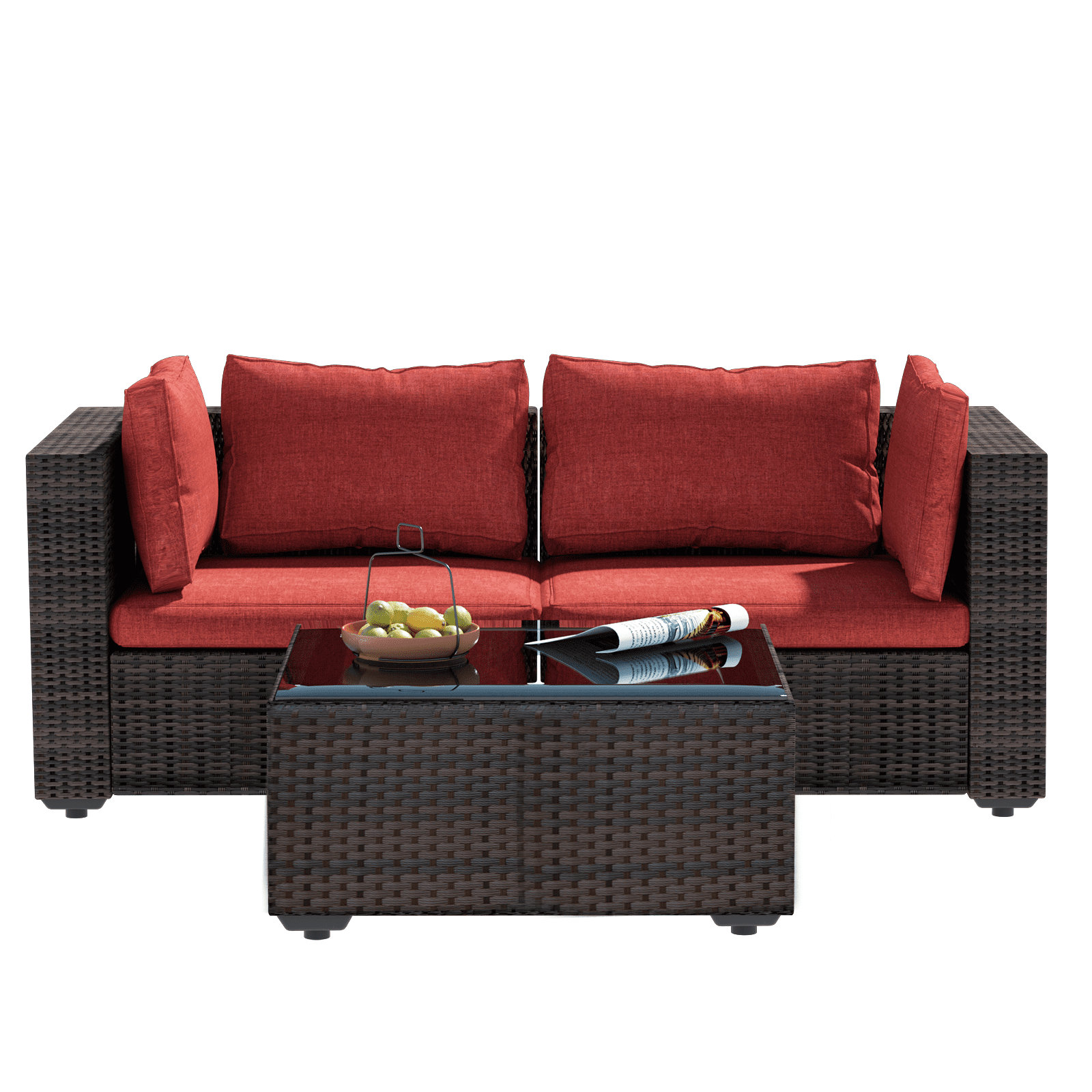 Grezone 3 Pieces Patio Furniture Set, All Weather Outdoor Sectional PE Rattan, Patio Conversation Sets with Cushions and Glass Coffee Table for Garden Lawn Balcony Porch Deck, Red