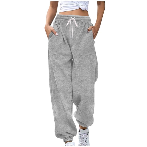 Womens Fleece Sweatpants Elastic High Waisted Pants with Pockets Fluffy Warm Jogger Pant Casual Trendy Bottoms Cinch Ankle Slacks Bottom Winter Athletic Jogging Sweatpant