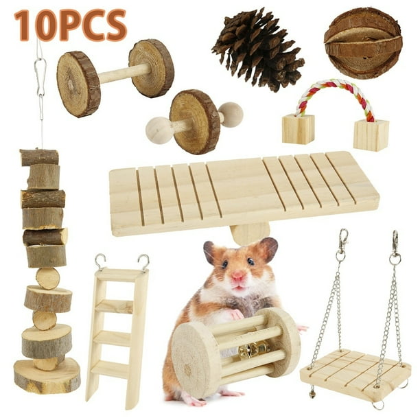 10pcs Natural Wooden Pet Chew Toys Pine Dumbells Unicycle Bell Roller ...