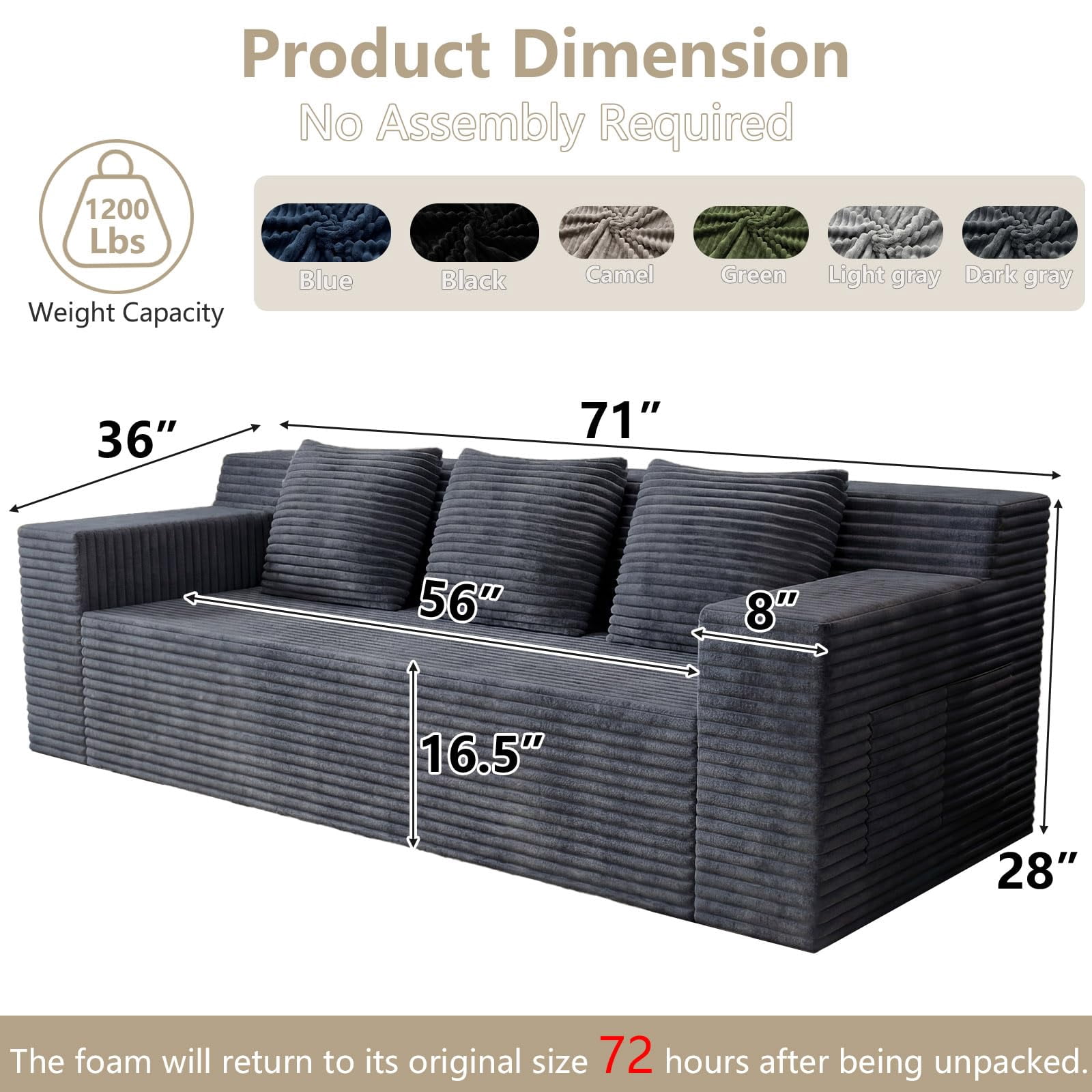 71" Modern Corduroy Small Loveseat, Cloud Memory Foam Compressed Couch in a Box, Boneless Space-Saving Sofa for Living Room Bedroom Apartment, No Assembly