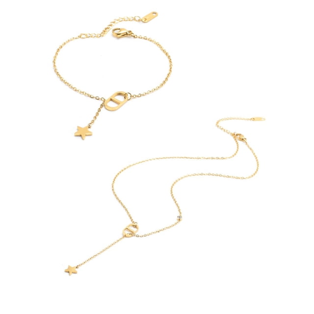 Juego de pulsera y collar con estrella de oro laminado