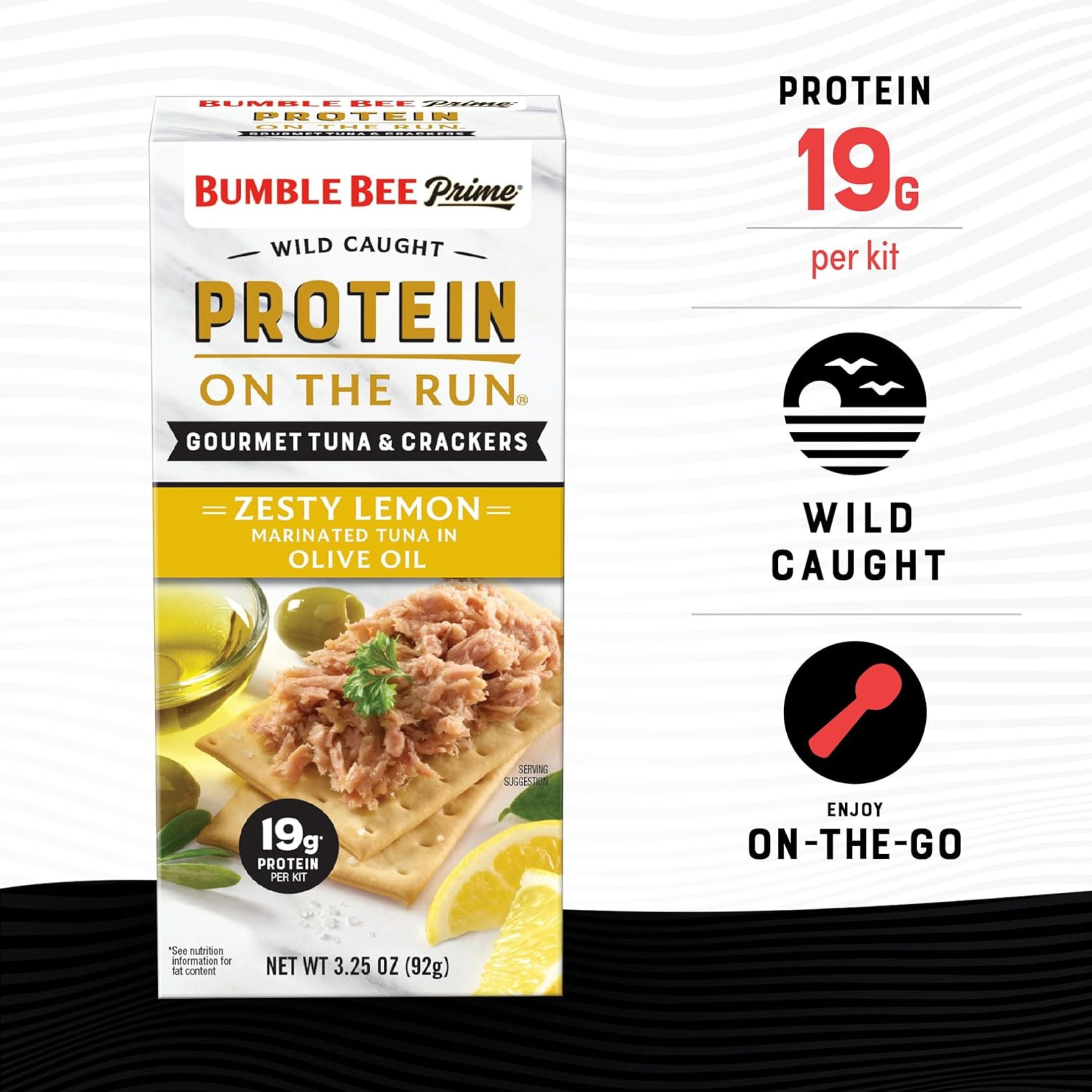 (6 pack) Bumble Bee Prime Protein on The Run Tuna Marinated in Olive Oil and Lemon, Wild Caught, Ready to Eat, 19g Protein per Serving, Shelf Stable Box, 3.5 oz