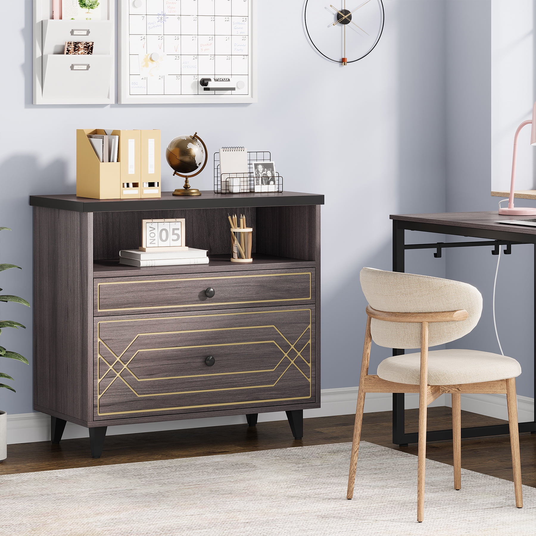 Condemo Lateral File Cabinet, 2 Drawer Filing Cabinet for Letter Size File, Modern Office Storage Cabinet Printer Stand for Home Office, Gray Brown