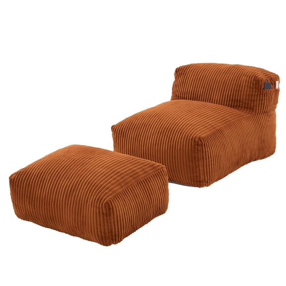 S-HOME Ergonomic Bean Bag Sofa with Ottoman - Memory Foam Filled Lounger, for Gaming, Reading, or Movie Watching, Orange