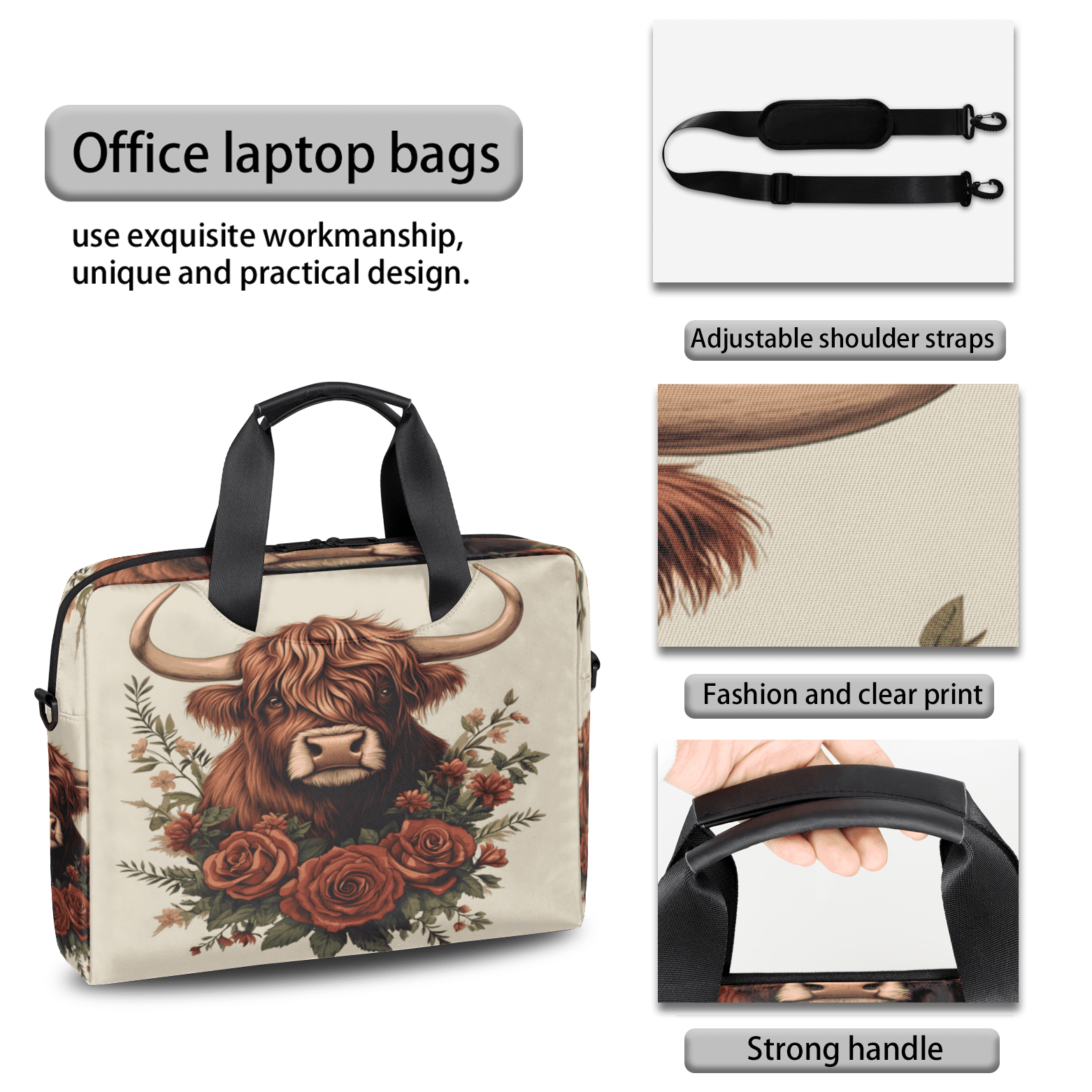 Herdesigns Cow Laptop Bag for Women Men, Computer Case Briefcase Messenger Bags, 15-15.6 inch Laptop Sleeve Shoulder Bag
