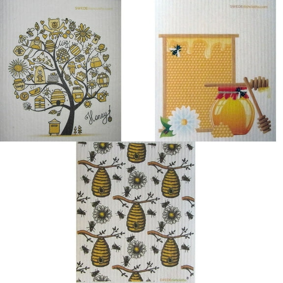 Mixed Bees/Honey Set of 3 Cloths (One of Each Design) Swedish Dishcloths | ECO Friendly Paper Towel Replacement