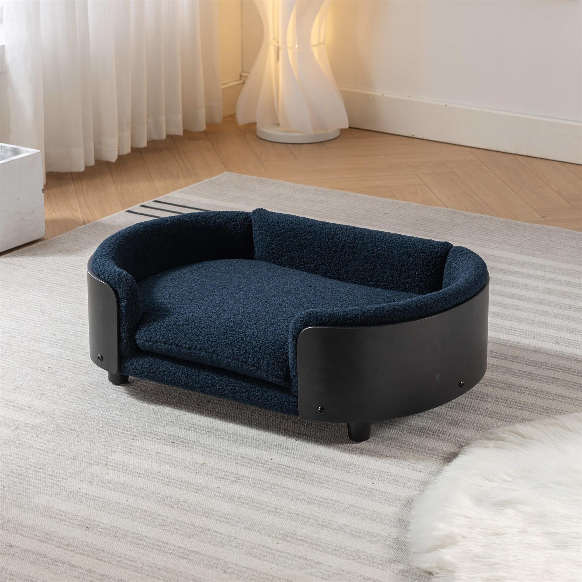Pefilos 30" Elevated Pet Dog Bed with Solid Wood Legs and Black Bent Wood Back, Cashmere Cushion, Pet Sofa for Indoors Dogs, Dark Blue Pefilos 30" Elevated Pet Dog Bed with Solid Wood Legs and Black Bent Wood Back, Cashmere Cushion, Pet Sofa for Indoors Dogs, Dark Blue