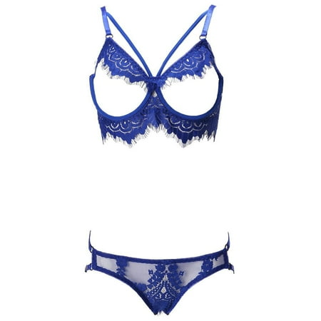 

LHCER Ladies lace bra and panties 2-piece set (Blue S) Lingerie Sleep & Lounge
