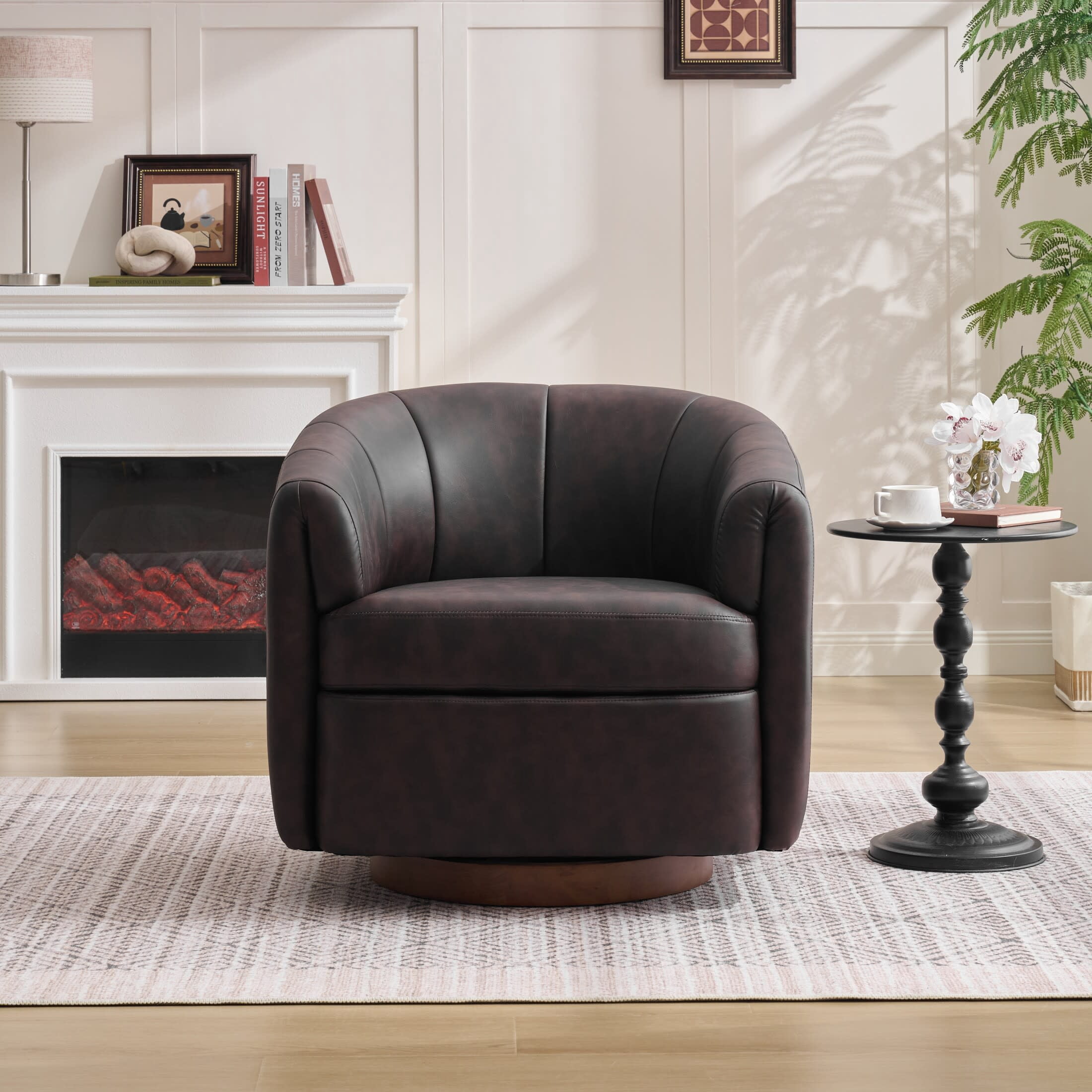 Noble House Swivel Accent Chair with Solid Wood Base, PU Upholstered Armchair for Living Room, Dark Brown