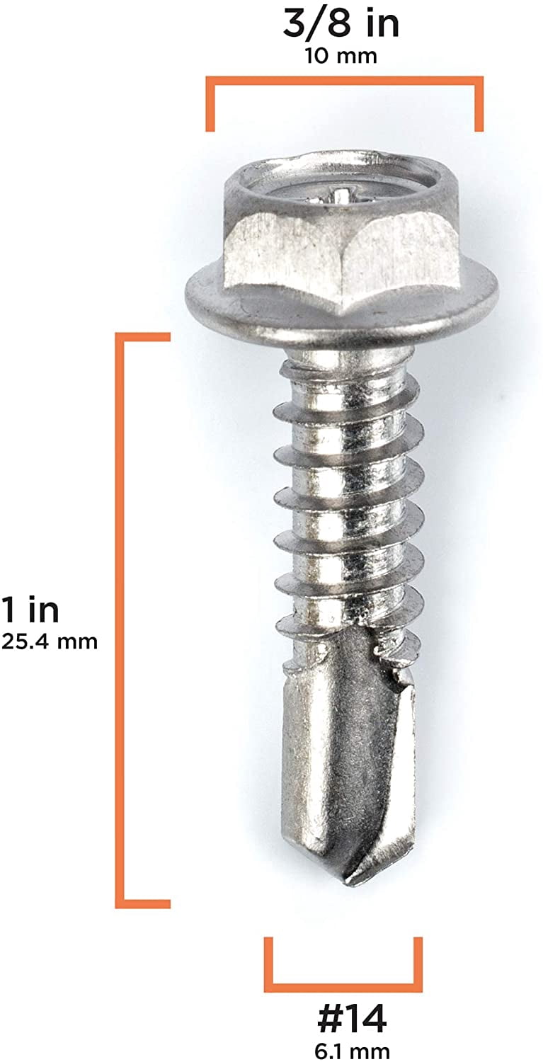 THE CIMPLE CO - 100pc Stainless Steel Self Drilling Tapping Screws #14 x 1" Hex and Phillips