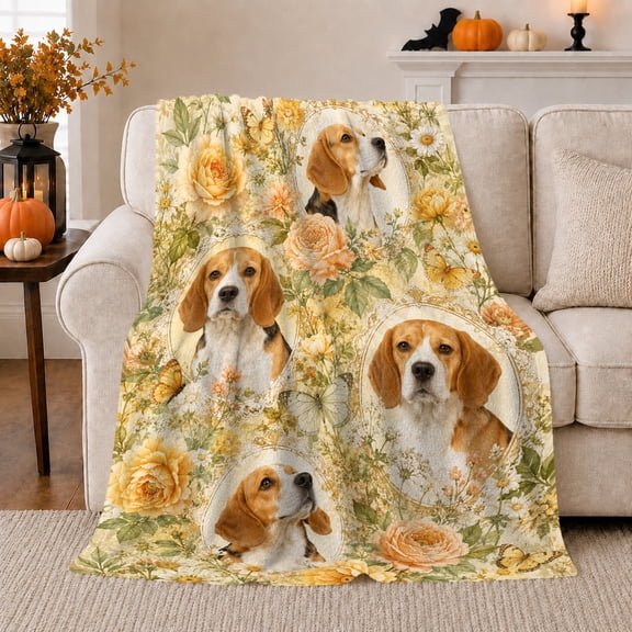 Vintage Beagle Portrait Collage Roses Nostalgic Floral Design, Peaceful Pet Portrait Pattern, Warm Flannel Blanket for Living Room and Bedroom, Dog Lovers Just Because Gift, Pet Lover Home Decor