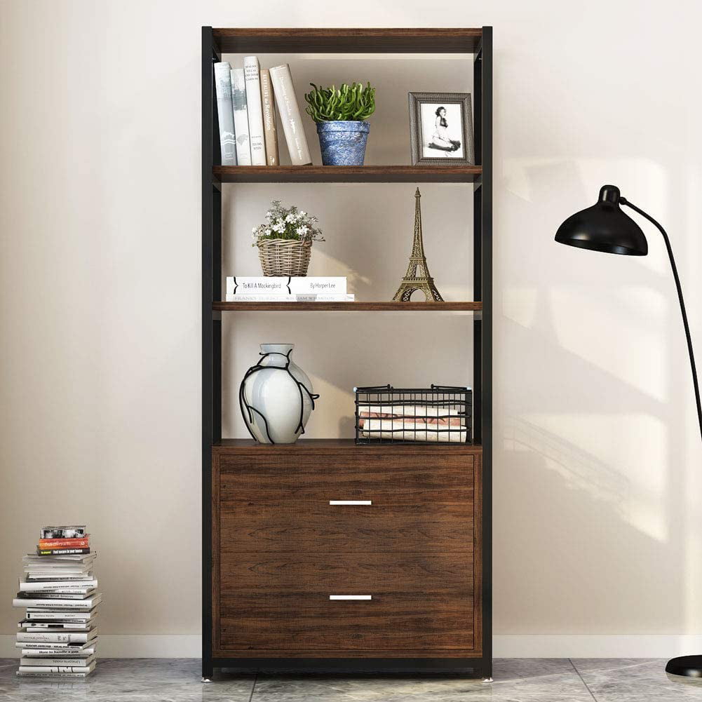 Modern Standard Bookcase Narrow Mid Century Bookshelf Walnut Wood 2 File Drawers 