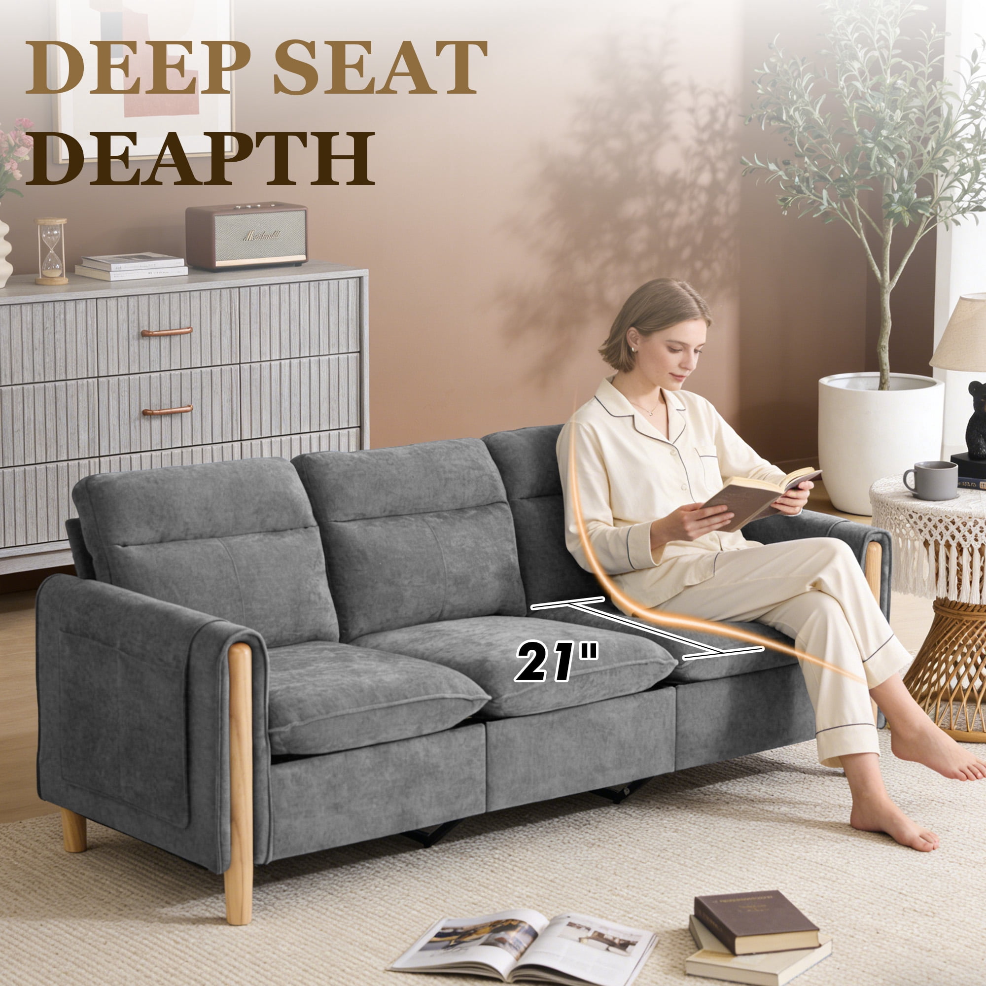 Villeston 3-Seat Sectional Sofa, Oversized Modern Chenille Sofa Couch for Living Room,Gray