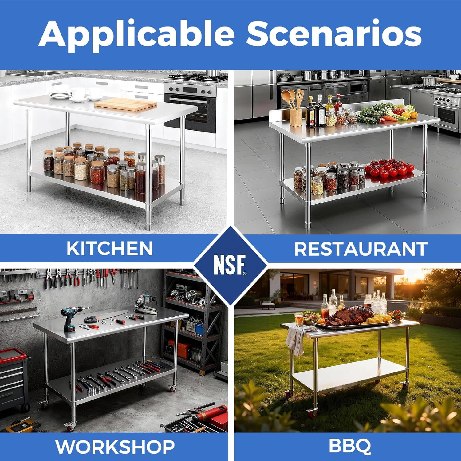 OSTBA Stainless Steel Table for Prep & Work 24x18 Inches, NSF Metal Commercial Heavy Duty Table with Adjustable Undershelf and Adjustable Foot for Restaurant Kitchen Home and Hotel