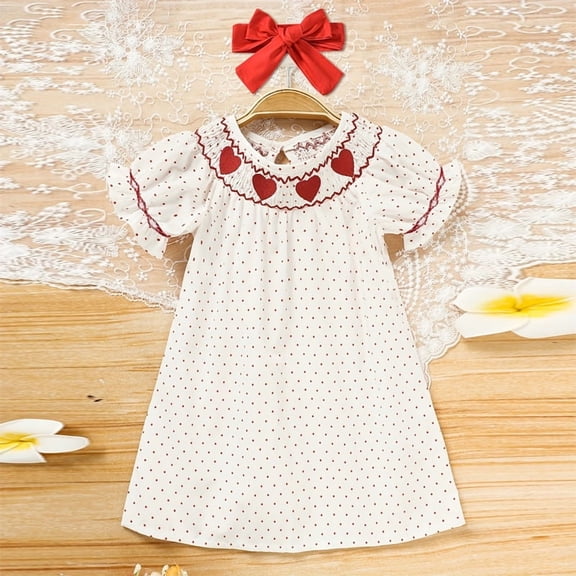 ZEHJUHAN Toddler Girls' Heart Embroidered Dress, Polka Dot Bubble Sleeve A-Line Dress with Back Buttons White，3-6M