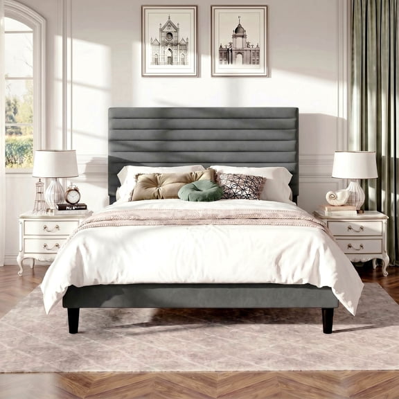 Amolife Queen Bed Frame, Velvet Upholstered Platform Bed with Adjustable Headboard, Mattress Foundation with Strong Wooden Slats, No Box Spring Needed, Light Gray