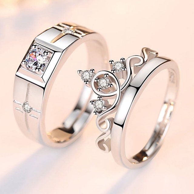 Anillo de pareja, un par de hombres y mujeres, temperamento de moda simple, anillo de circón con corona, apertura de anillo de diamantes de simulación de boda