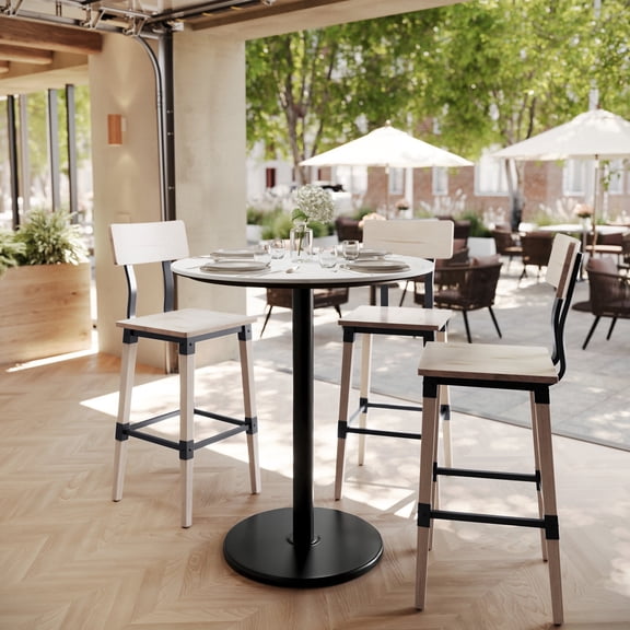 Flash Furniture 36" Round Tabletop with TopGuard HPL Technology in White Faux Marble with 24" Black Round Bar Height Base