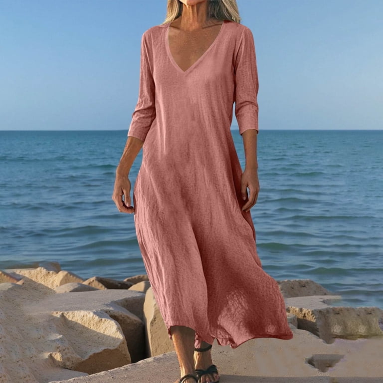 WTOBBY Women's Summer Casual Solid Color Linen Blend V-Neck 3/4 Sleeve Dress,  Hollow Out Loose Beach Sundress with Airy Comfort for Hot Weather,Pink L -  Walmart.com