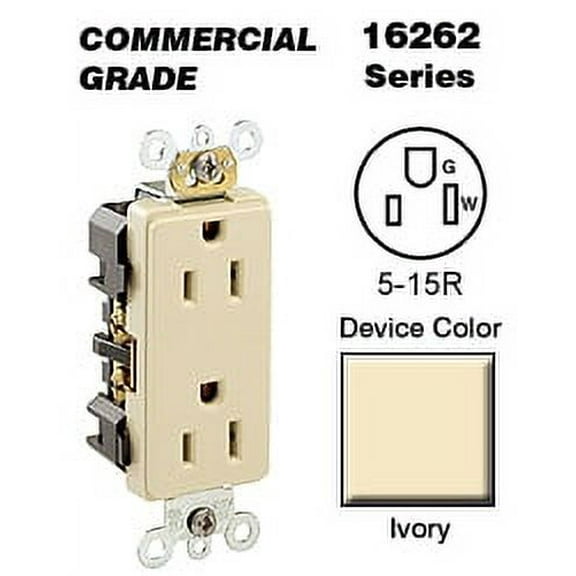 Leviton 16262-I Decora Duplex Receptacle Commercial Grade 5-15R 15A 125V BandS Wired - Ivory