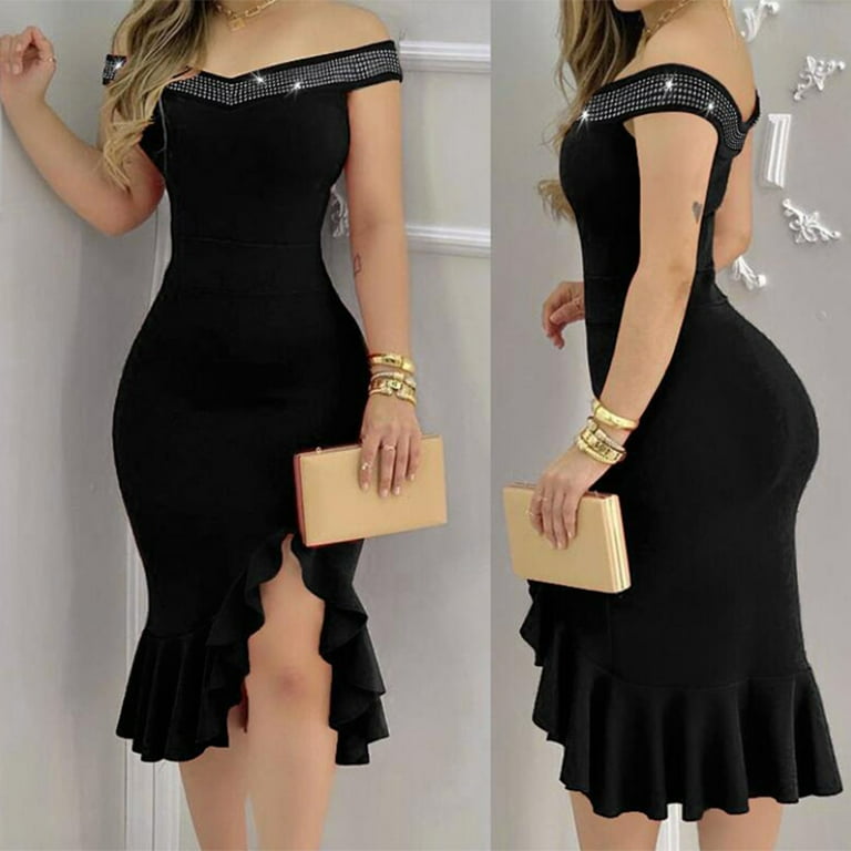 chinese dress ladies Black Tie Split Neck Smocked Detail Long Puff Sleeve Ruffle Hem Loose Dress Black / S / 100%Polyester by Blue Zone Planet main image 0