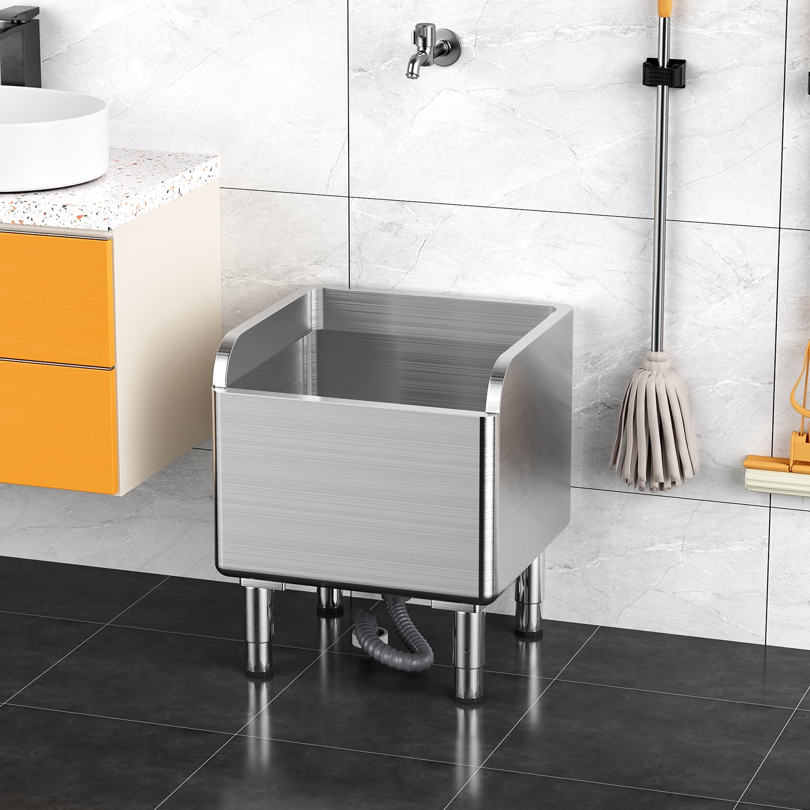 Cixusio Commercial Floor Mop Sink, Stainless Steel Mop Service Basin Laundry Room Slop Sink, Tub Utility Sink for Kitchen/Restaurant, Silvery (45x41x55cm)
