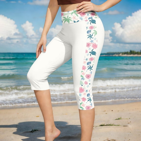 Xdegoge Swim Capri for Women High Waisted Tummy Control Swimsuit Bottoms Hibiscus Floral Print Side Patchwork Modest Swimming Leggings Bathing Suit Pants