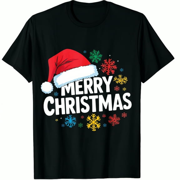 Christmas Hat Santa Merry Snowflake Print Holiday Party Wear Black Graphic T-Shirt for Men and Women