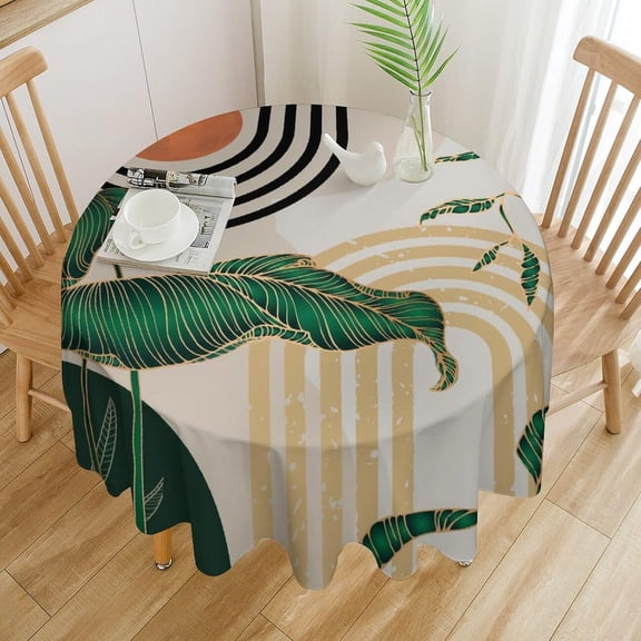 Odenmar 70 Inch Round Leaf Pattern Tablecloth, Abstract Line Polyester Table Cover, Green Beige Washable Reusable Round Tablecloth for Dining Indoor Outdoor Decor