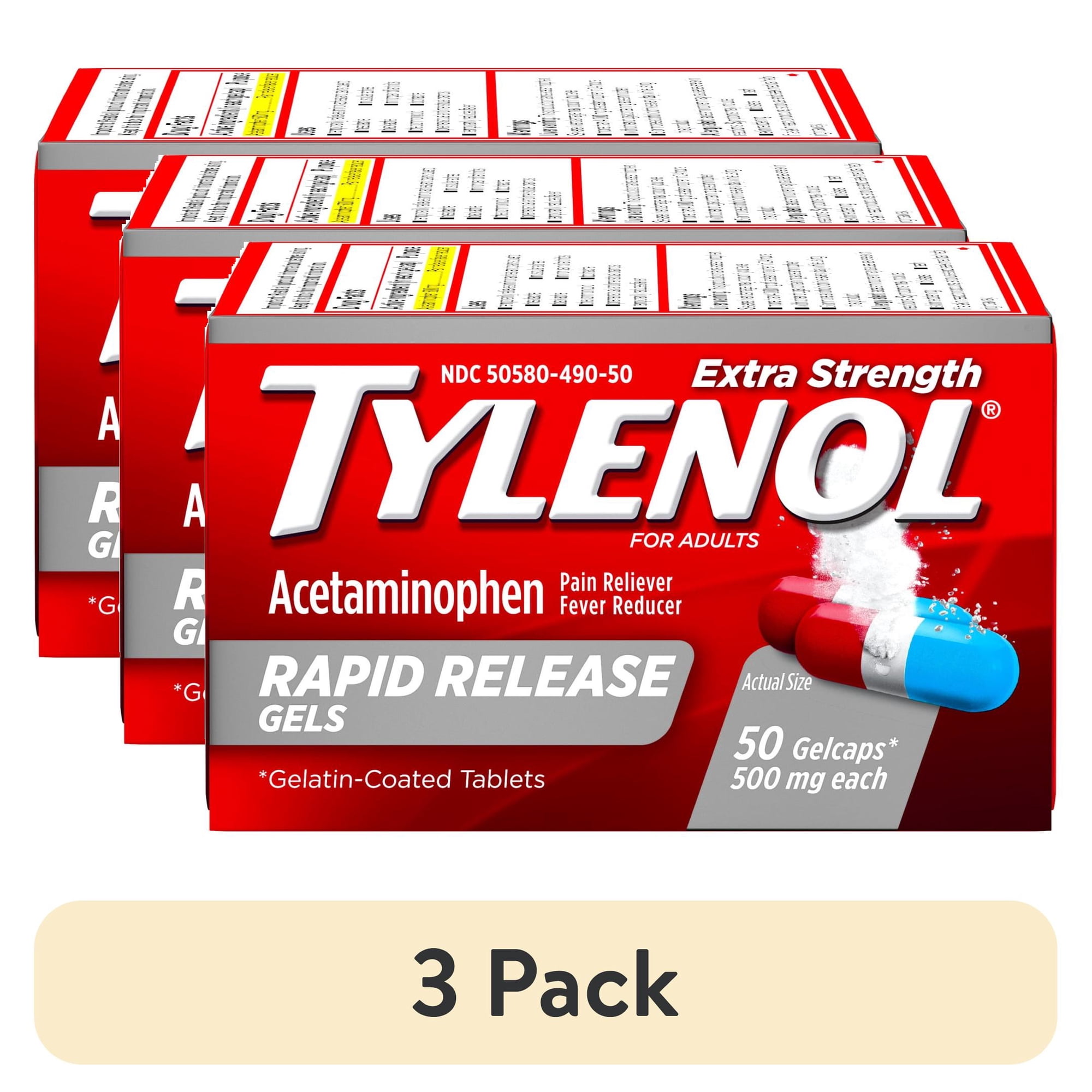 (3 pack) Tylenol Extra Strength Pain Relief Rapid Release Gels 500mg, Value Size, 100 Count, 2 Pack